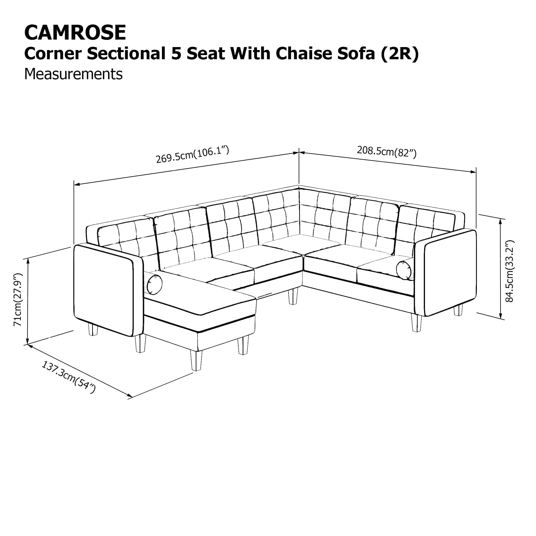 Camrose Corner Sectional 5 Seat with Chaise (2R) Sofa - Image 24