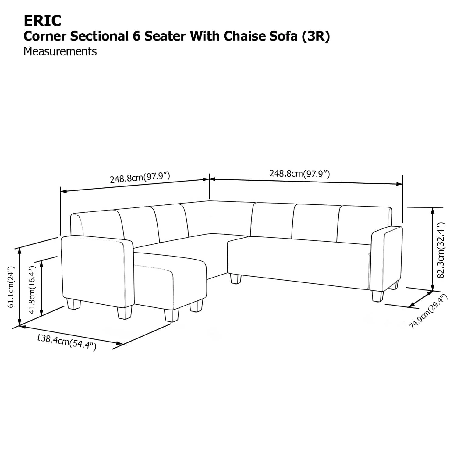 Eric Sectional 6 Seat with Chaise Corner (3R) Sofa - Image 18