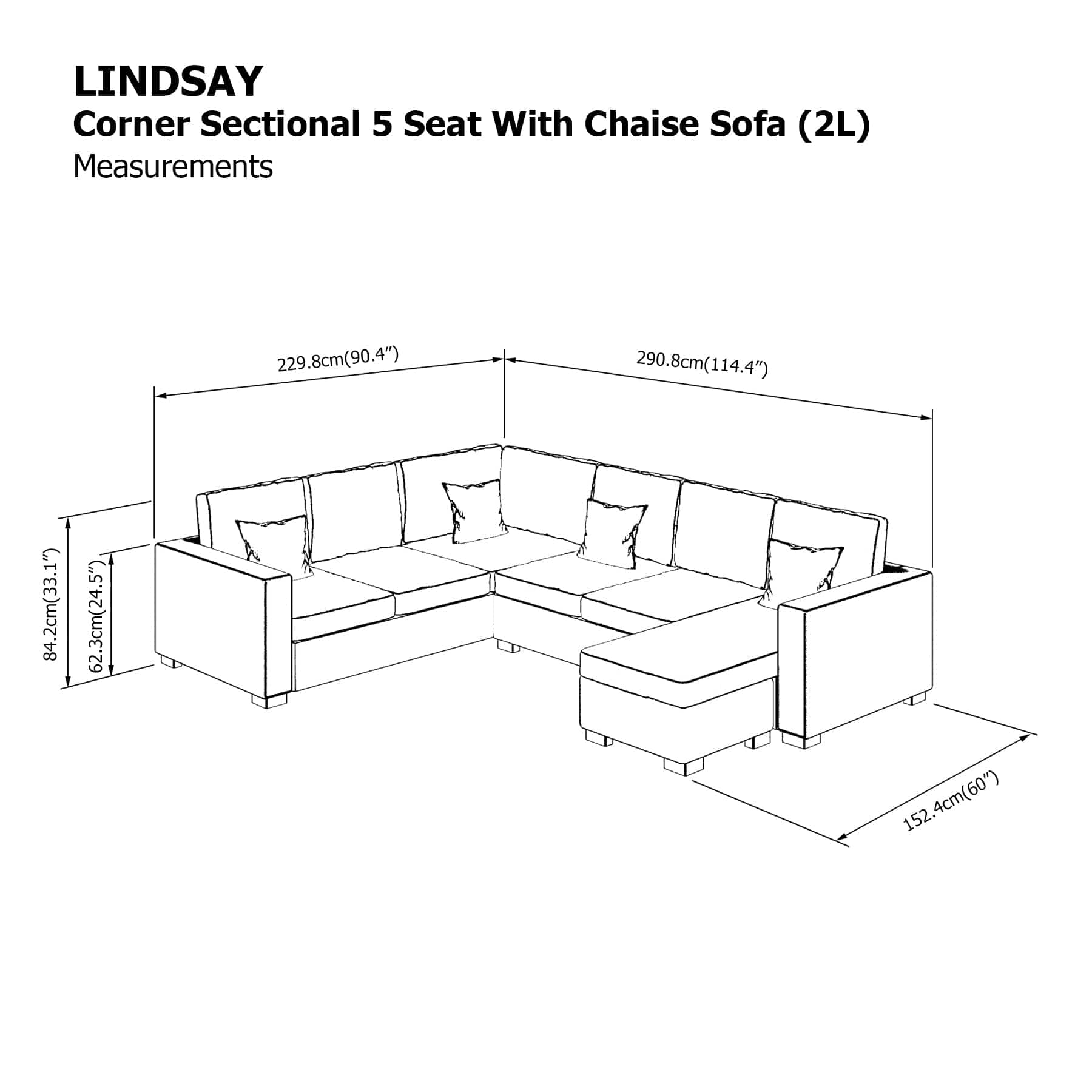 Lindsay Corner Sectional 5 Seat with Chaise (2L) Sofa - Image 24