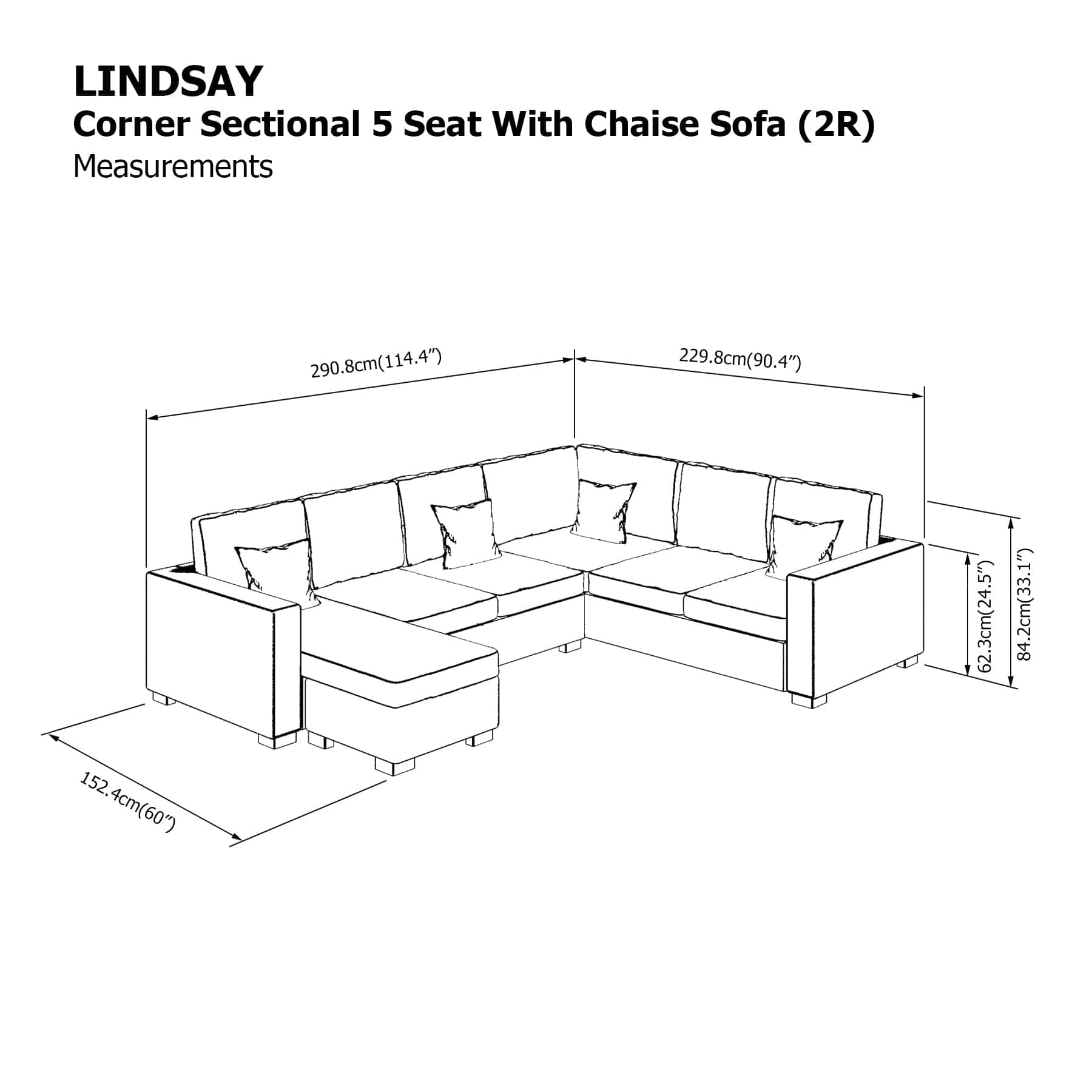 Lindsay Corner Sectional 5 Seat with Chaise (2R) Sofa - Image 24