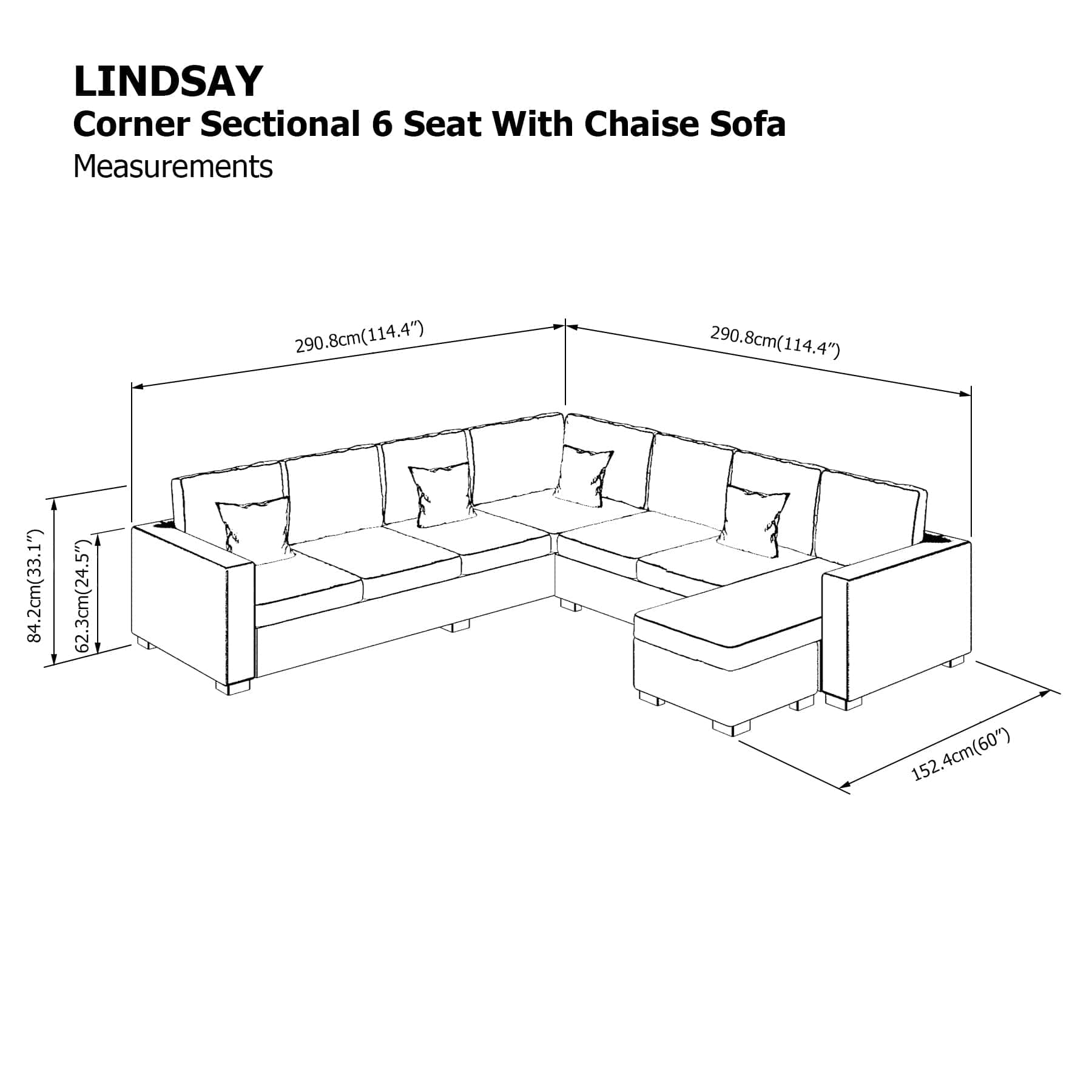 Lindsay Sectional 6 Seat with Chaise Corner Sofa - Image 24