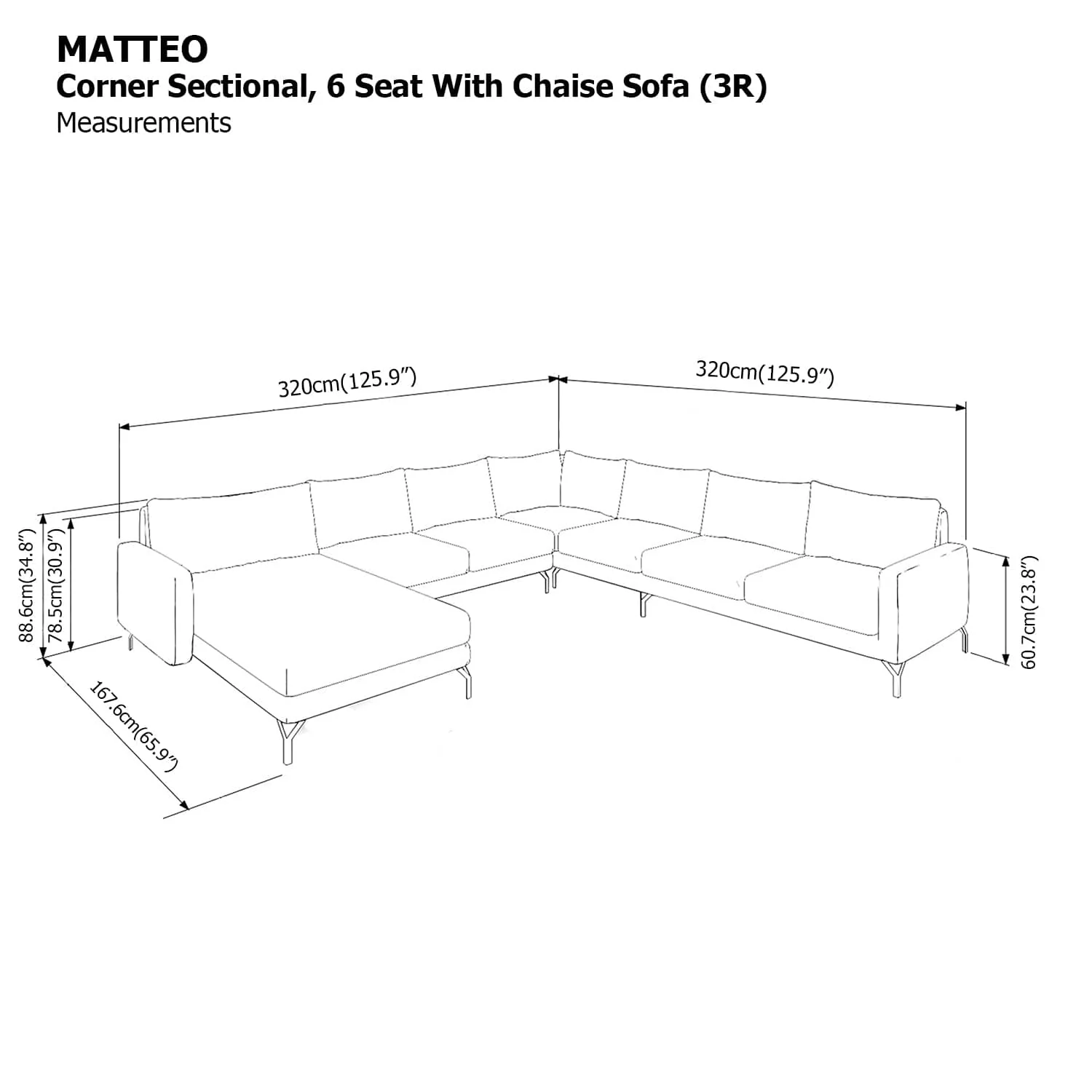 Matteo Sectional 6 Seat with Chaise Corner (3R) Sofa - Image 24