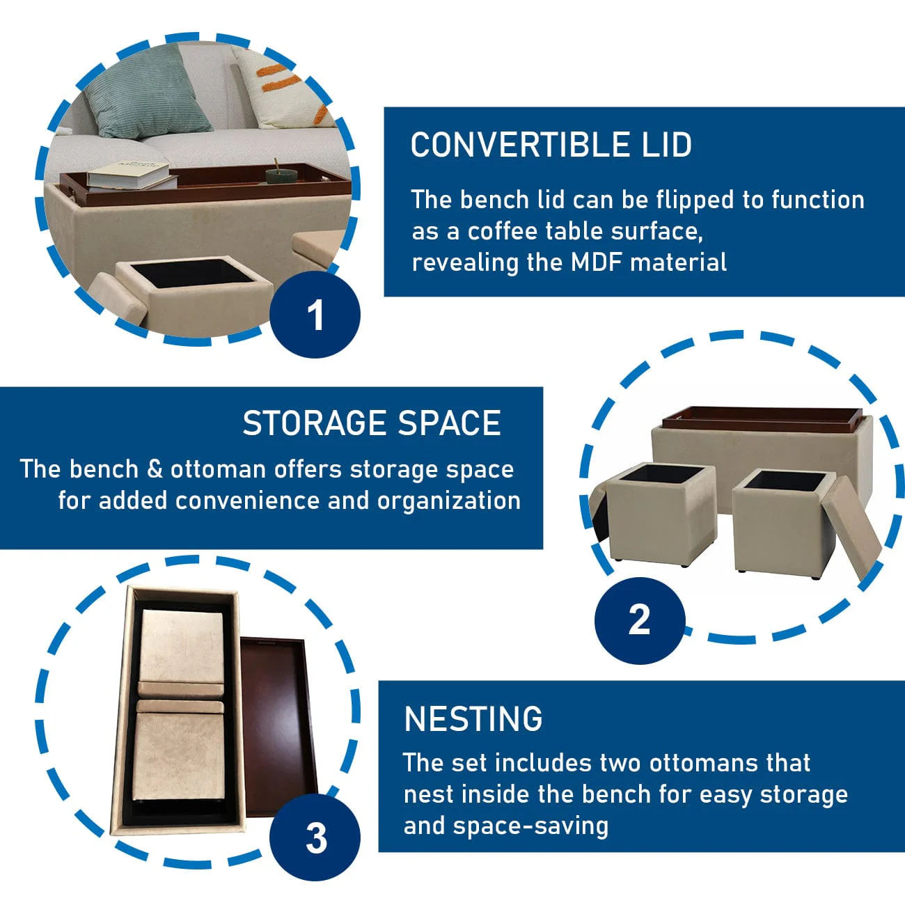 Nico Set of 3 Storage Bench with Ottoman - Image 14