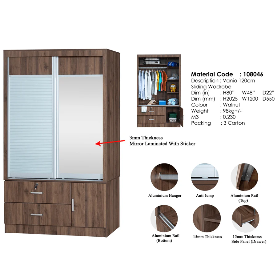 Vania 120 cm Sliding Wardrobe - Image 16