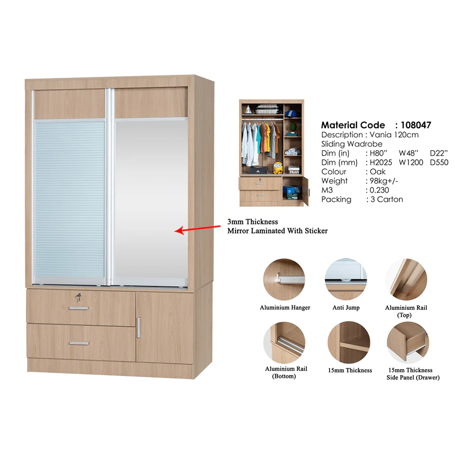 Vania 120 cm Sliding Wardrobe - Image 6