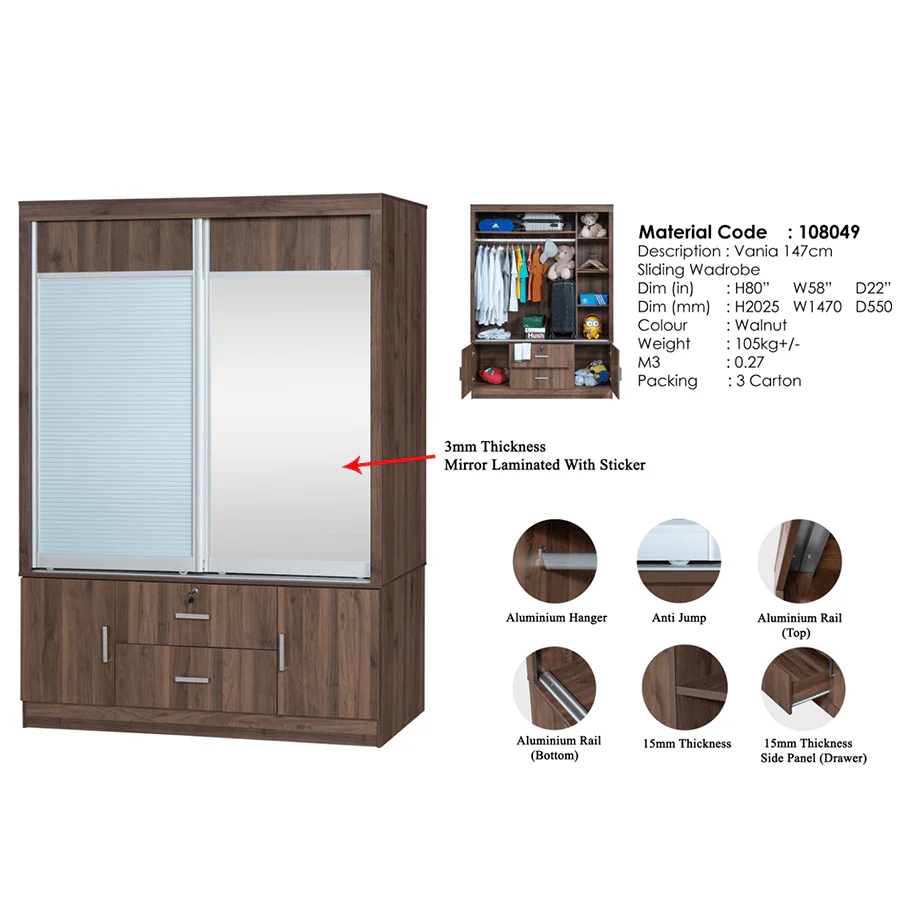 Vania 147 cm Sliding Wardrobe - Image 6